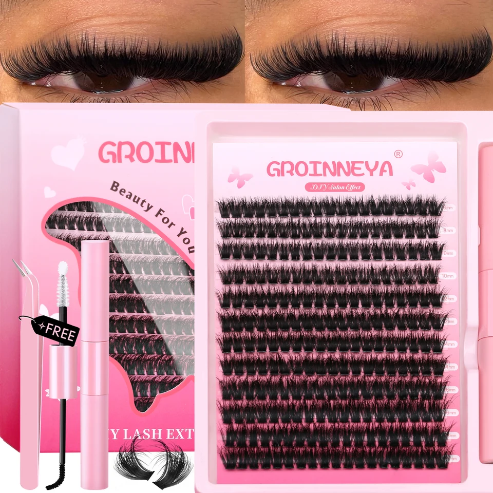 Kit de racimos de pestañas DIY GROINNEYA, esponjosos, set completo con pegamento y sellador, pestañas individuales 3