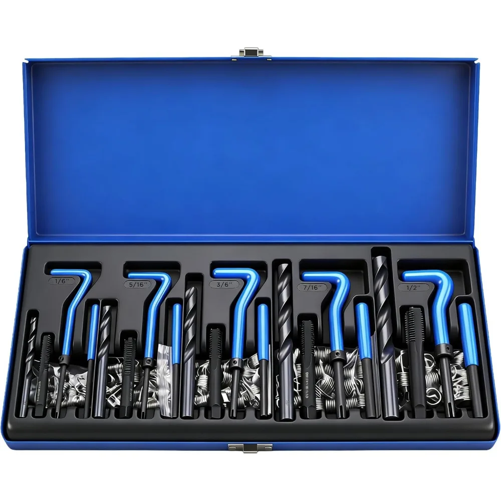 

Набор для ремонта резьбы SEDY 131PC SAE Helicoil с сверлами HSS, вставками, метчиками и инструментами для удаления остатков для ремонта металла, двигателей и труб