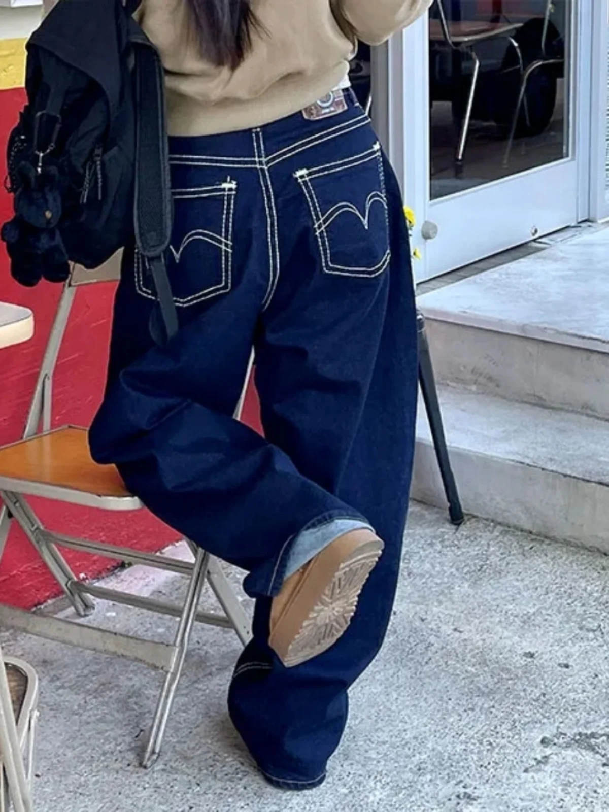 

Ретро Wa Высокая талия Свободные широкие брюки для похудения Прямой крой Длинные джинсы Женские джинсовые брюки Синие джинсы с высокой талией Повседневные брюки