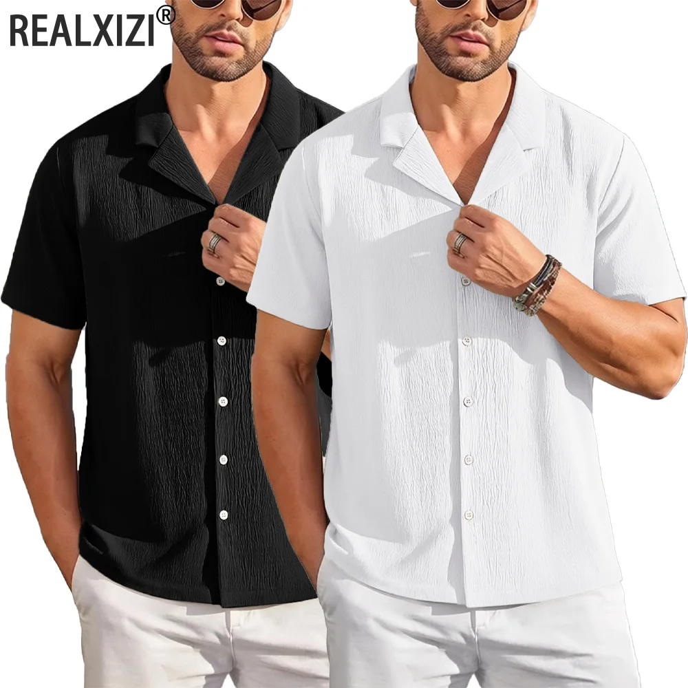 

Men's Casual Button Down Shirts Short Sleeve Summer Hawaiian Beach Vacation Shirt Solid Color Loose Breathable Male Streetwear