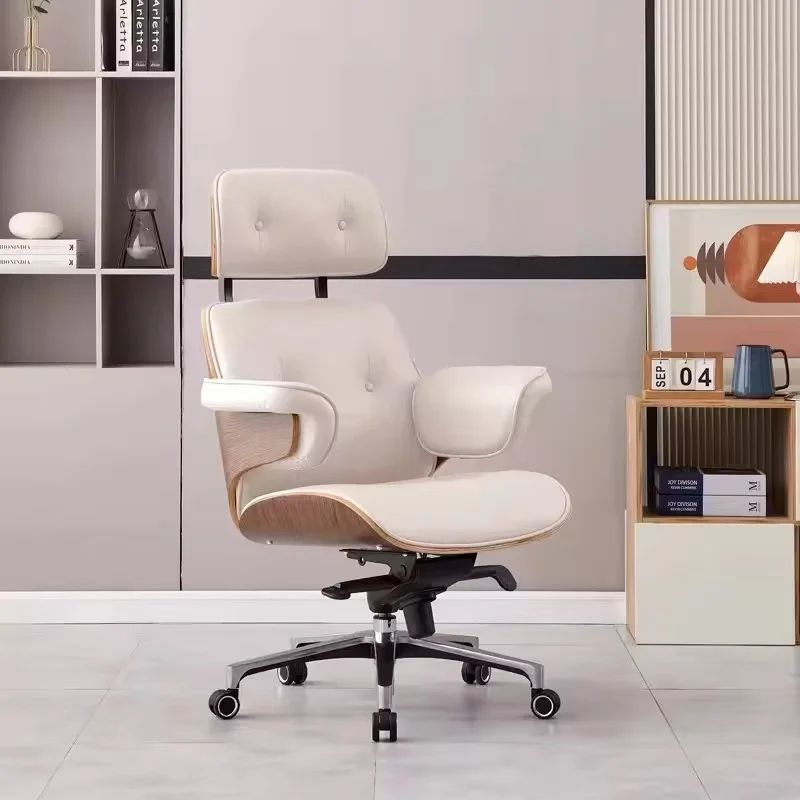 Modern Simple Swivel Chair Home/Office Genuine Leather Boss Reclining Computer Chair Adjustable Lift Headrest Extendable Steel