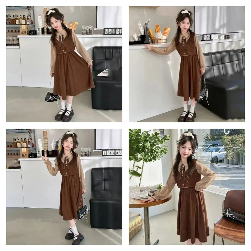 

Лидер продаж, модные топы для девочек, платье, студенческое весенне-осеннее повседневное рубашка с длинными рукавами и рисунком, жилет, юбка трапециевидной формы, детская одежда