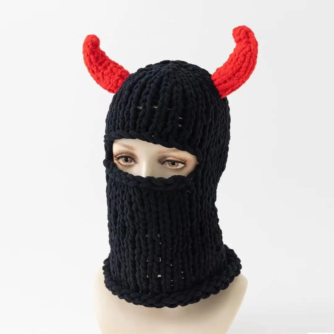 Y2k lange Hasen ohren Hut Winter handgemachte gestrickte lustige Mütze Kappe verdicken warme Voll gesicht Ski maske Abdeckung Sturmhaube für Party – Detail 9