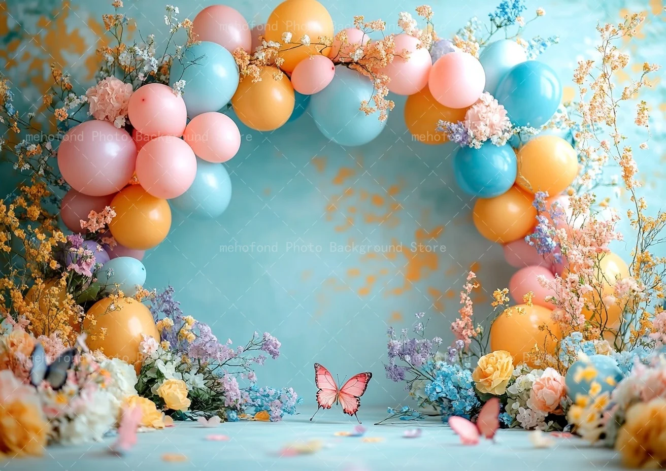 Mehofond Photography Background Minimalist Blue Graffiti Wall Balloon Door Flowers Butterfly Kids Family Portrait Backdrop Decor