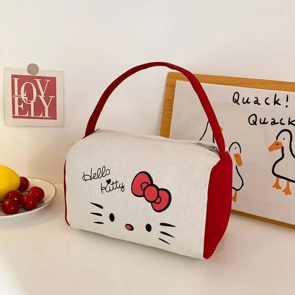 New Hello Kitty Makeup Bag Miniso Cute Bow Printed Portable Wallet Cartoon New Large Capacity Square Canvas Storage Handbag