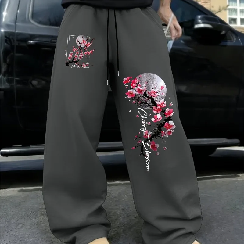 Japanese Style Cherry Blossom Moon Double Printed Sweatpants and Trendy Casual Running Pants, Classic Versatile Sports Pants