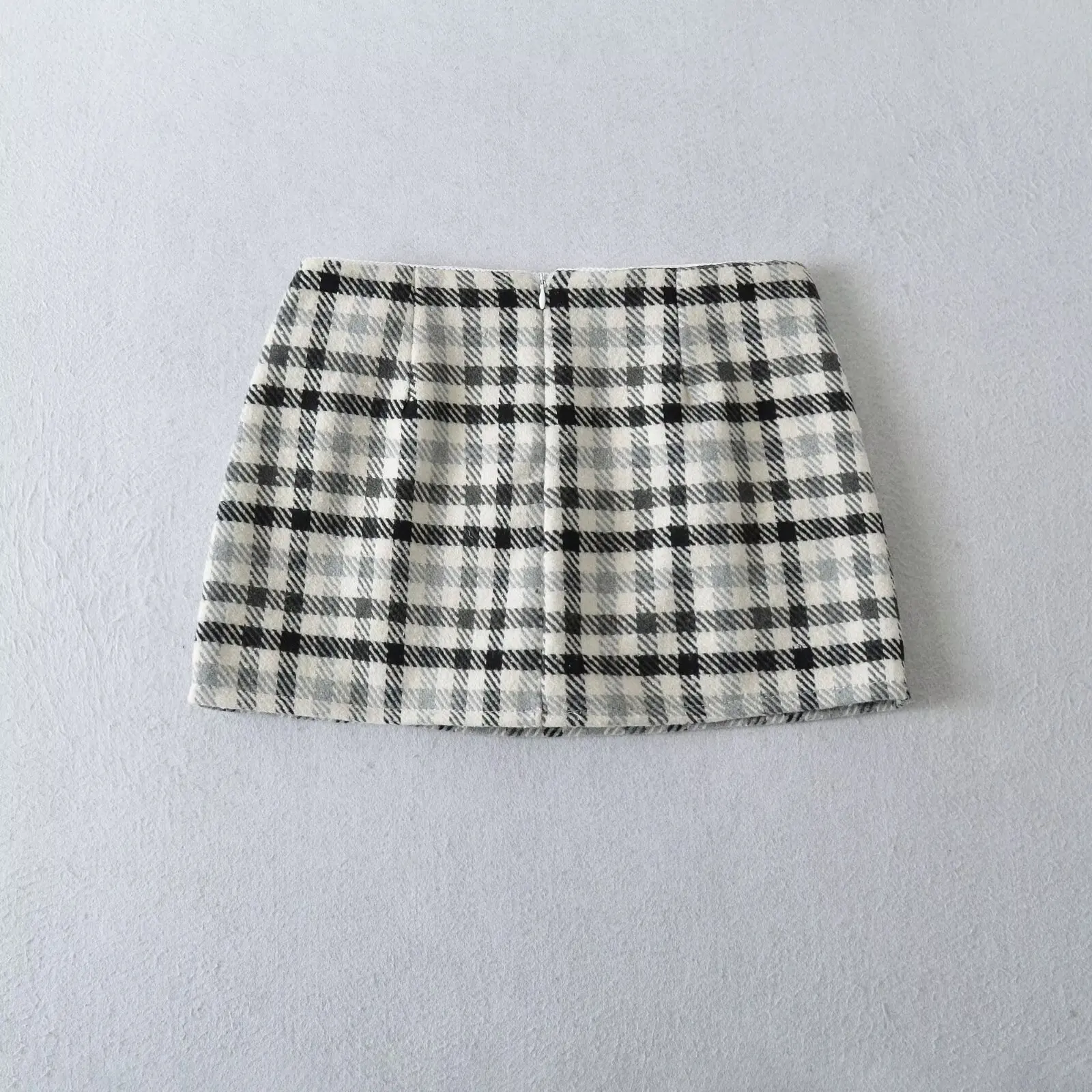 Spódnica mini w kratę z tweedu, z wysokim stanem, zapinana na zamek z tyłu, podkreślająca biodra, z podszewką, idealna na imprezę, jesień, 2 kolory.