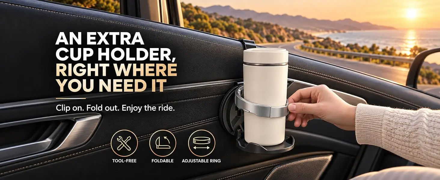 Autotür-Getränkehalter, faltbarer Clip-on-Getränkehalter für Flaschen, Kaffeetassen, Autotassen, Wasserbecher, Organizer, Aufbewahrungsregal – Detail 1