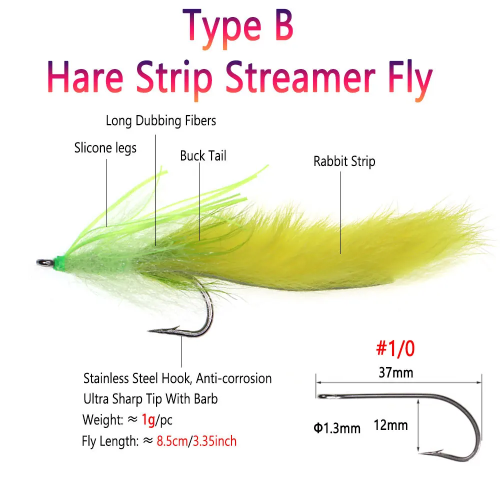 Bimoo 2pcs 1/0 Dumbbell Bead Eyes Marabou Streamer Fly Hare Strip Streamer Trout Pike Steelhead Musky Saltwater Fishing Lures