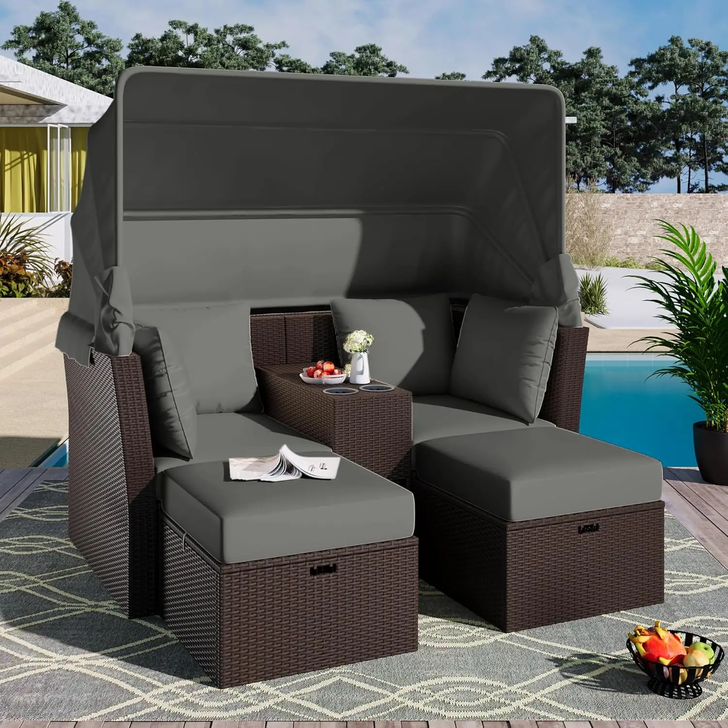 Outdoor Loveseat Chaise Lounge with Canopy, 2-Seater Outdoor Patio Double Daybed with Foldable Awning and Cushions,