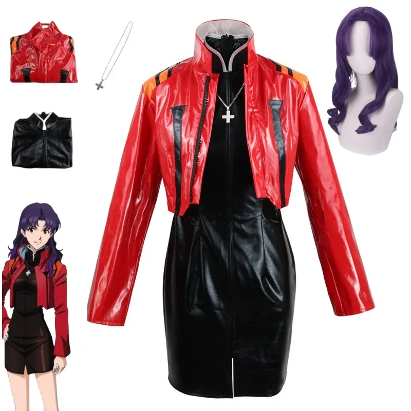 

Katsuragi Misato Cosplay Anime Costume EVA Katsuragi Misato Cosplay Red Jacket Dress Wig Uniform Halloween Party Costume