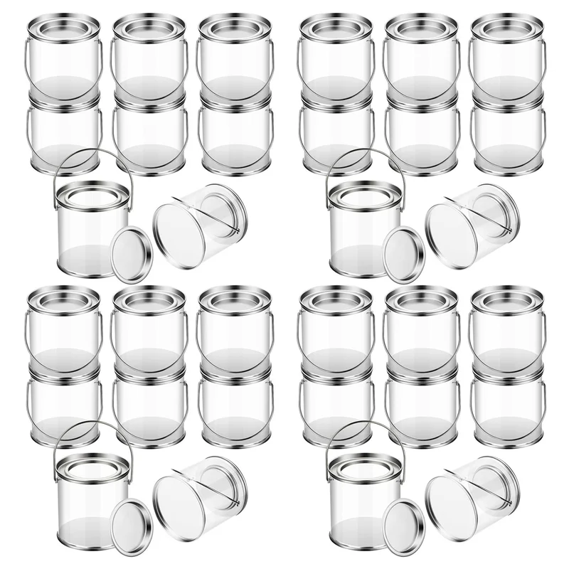 

ELEG-Paint Bucket Clear Bucket With Metal Lids And Handle Decorative Clear Plastic Bucket Storage Clear Paint Can 32 Pack