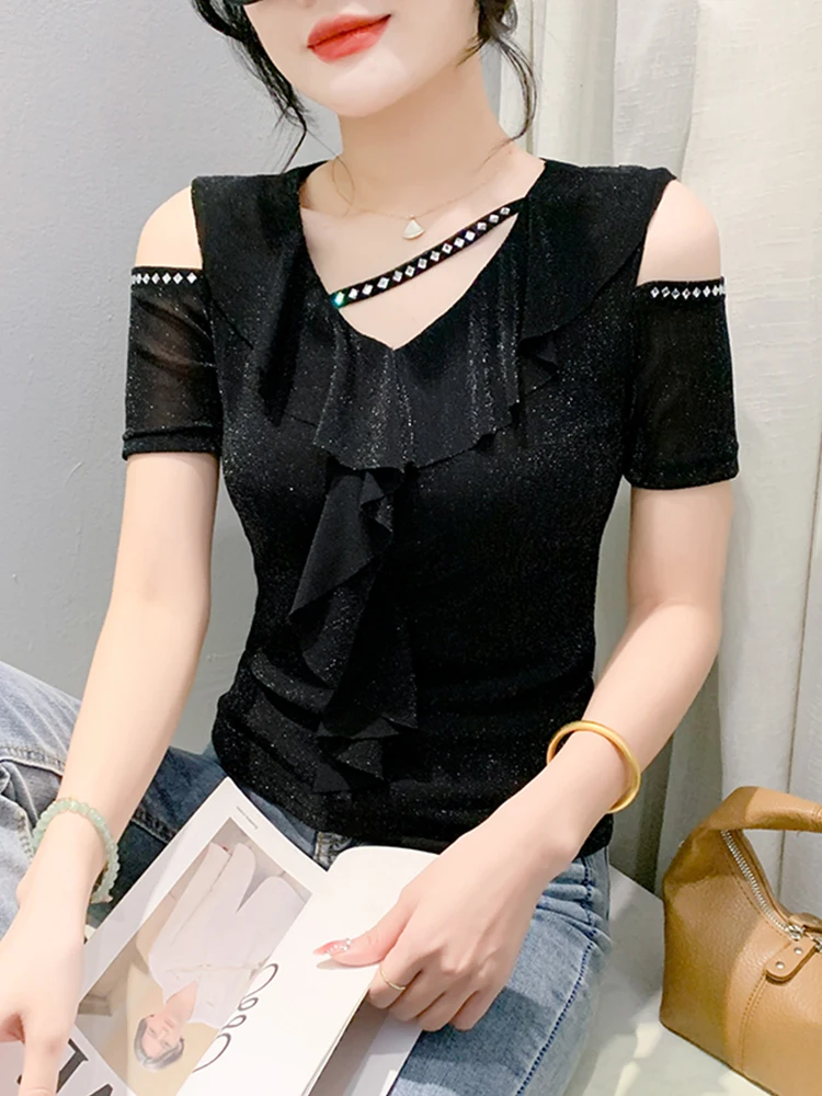 

Сексуальная футболка V-Ne oulder Bared ort Sve, женская весна-лето, модный дизайн, кружевная отделка со стразами, топ Slim Fit