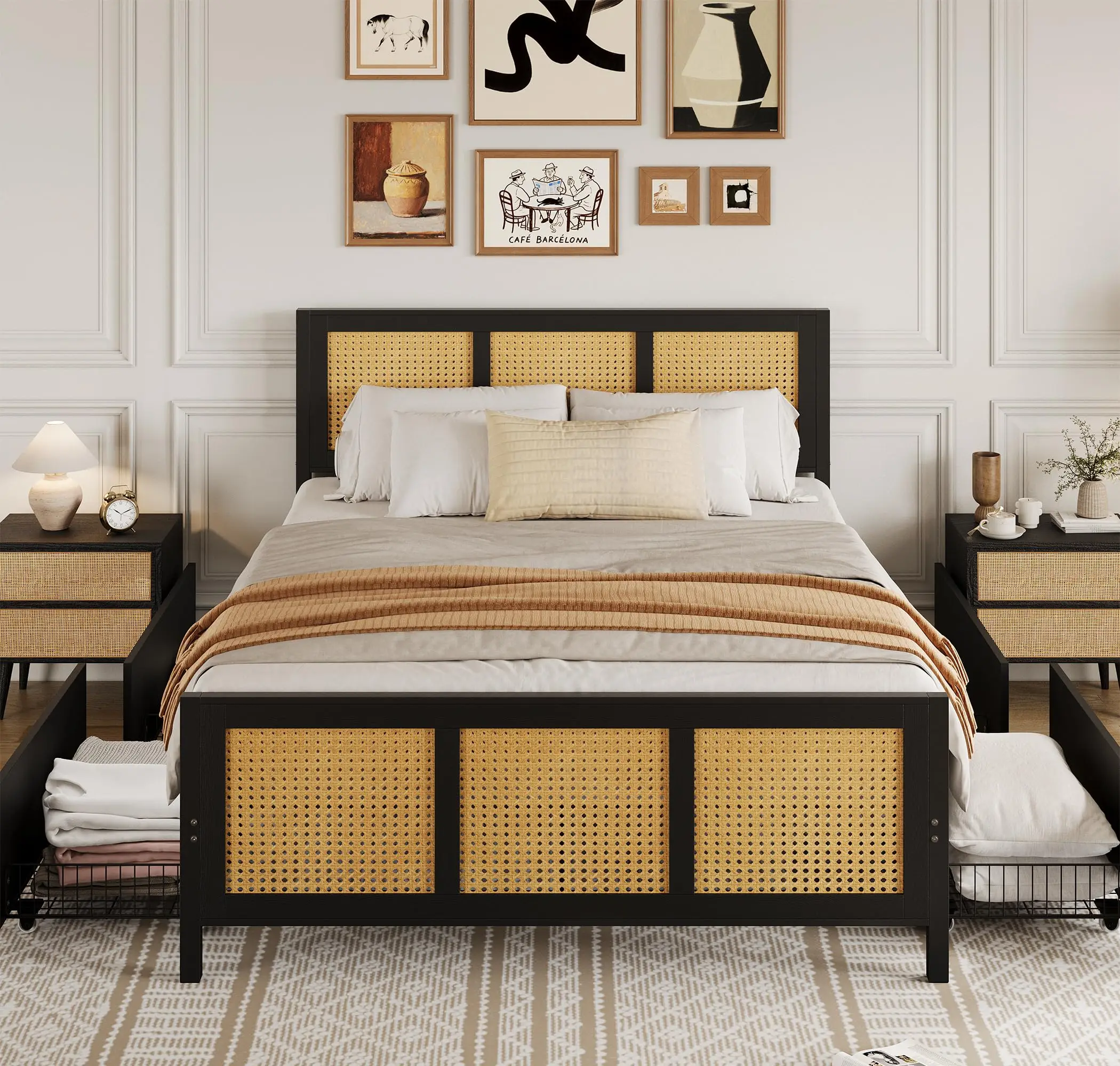 GAOMON Rattan Cane LED Platform Bed Frame with 4 Storage Drawers,GAOMON  GAOMON Noise-Free Metal Slat Support, No Box Spring Needed - Queen - White