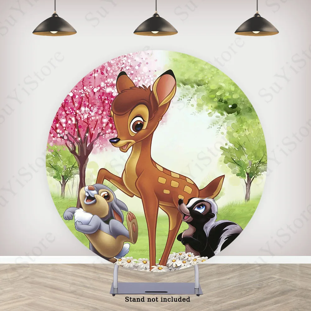 Little Deer Bambi Round Backdrop Cover For Kids Birthday Baby Shower Disney Cartoon Circle Photo Background Cylinder Covers