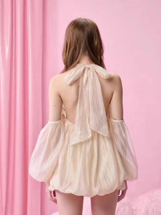 Sommer Neckholder Lace-up Mesh rückenfreies kurzes Kleid Mode einfarbig Langarm Urlaub Kleider Promi Club Party Outfits