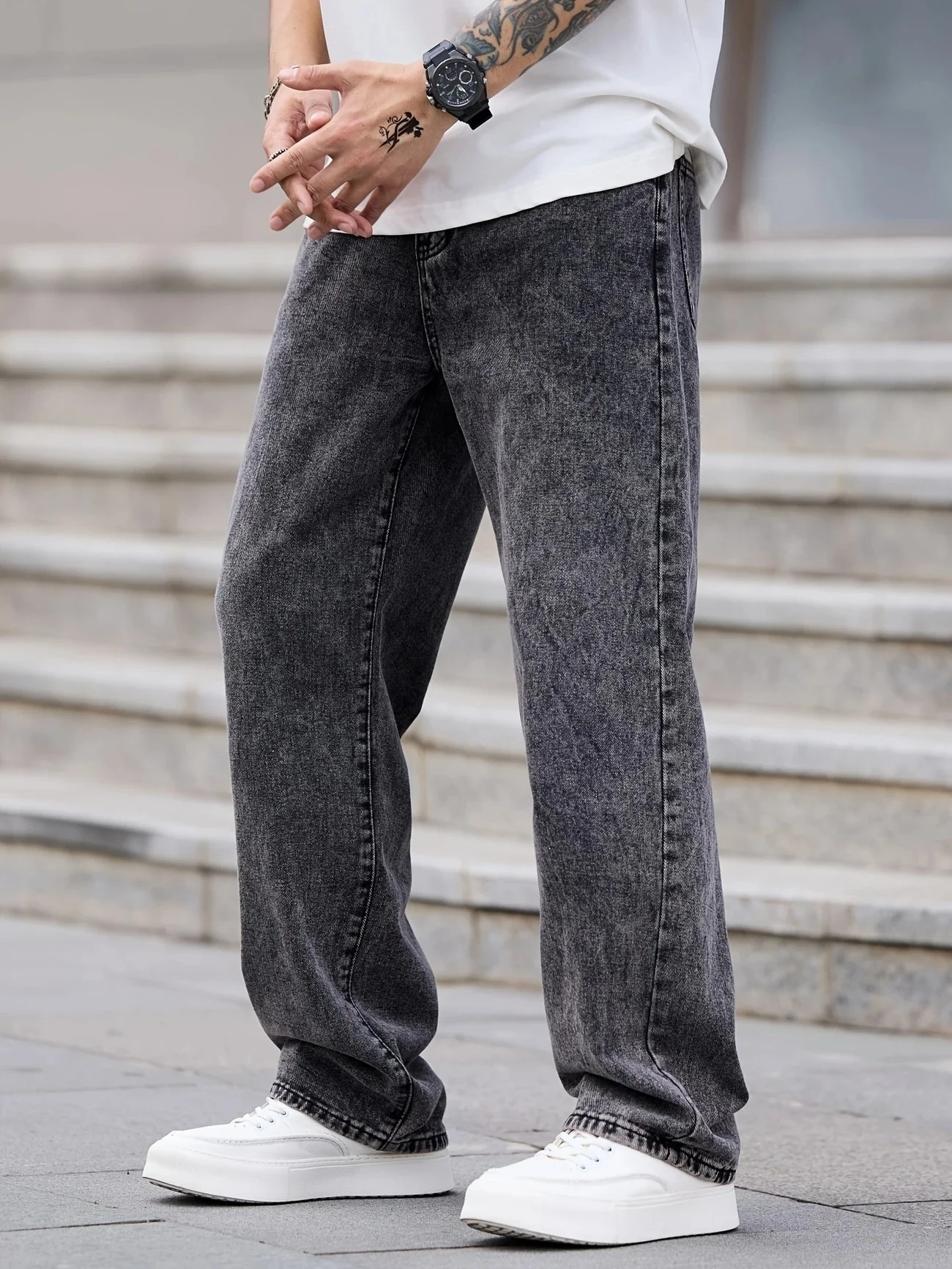 جينز رجالي ثقيل الوزن باللون الرمادي الداكن | ساق مستقيمة مريحة للارتداء الحضري غير الرسمي #4