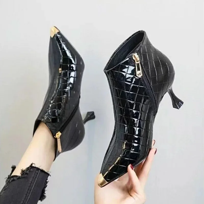 Women Ankle Boots High Heels Short Botas Winter Wedding Shoes Pointed Toe Side Zip 34 40 Black Red Beige Dropship Women Shoes