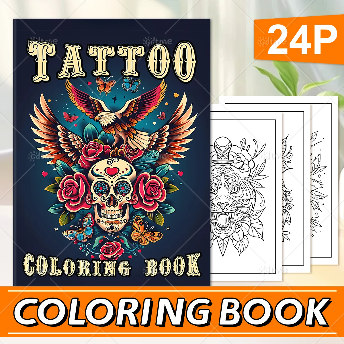 Tattoo-Malbuch, Vintage-Muster mit Totenkopf, Adler, Rose, Schmetterling, klassisches Muster, Anti-Angst-Stressabbau, Kunst-Zeichenbuch für Erwachsene