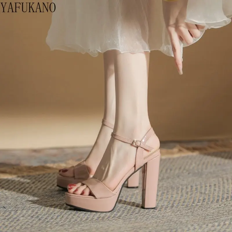 Fashion Thick Heel Platform Womens Sandals Summer New Sexy Party Prom High Heels Nude Black Ankle Strap Work Shoes Size 41 42