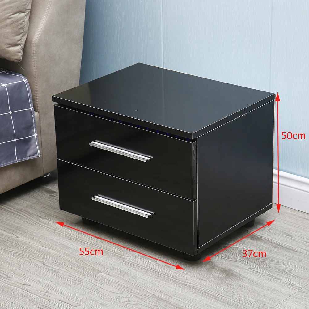 Modern High Gloss LED Lights Nightstand Bedside End Table With 2 Drawers