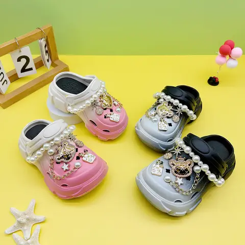 Cute and Versatile Parent-Child Slippers for Boys and Girls, New Cartoon Pearl Chain Crown Bear Clogs, Soft-Soled Non-Slip Closed-Toe Sandals 606