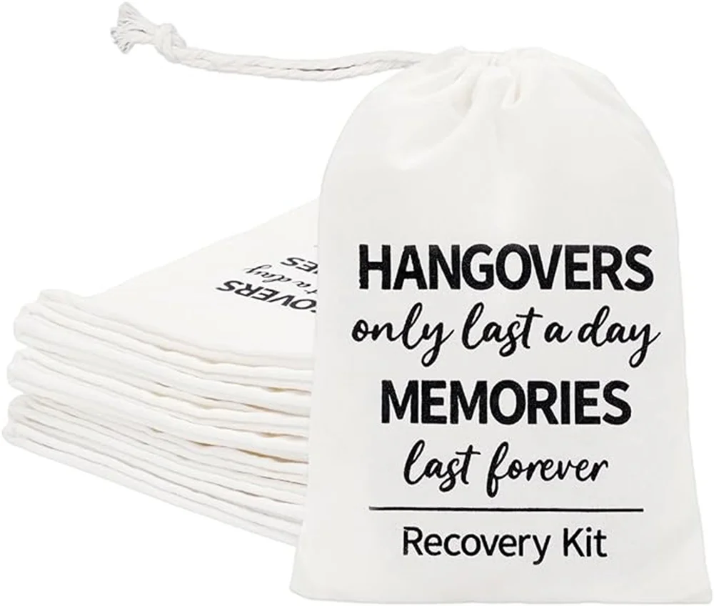 

AnyDesign 10Pcs Wedding Hangover Kit Bags Classic Recovery Kit Bags Reusable Cotton Drawstring Muslin Amenity Bags Survival for