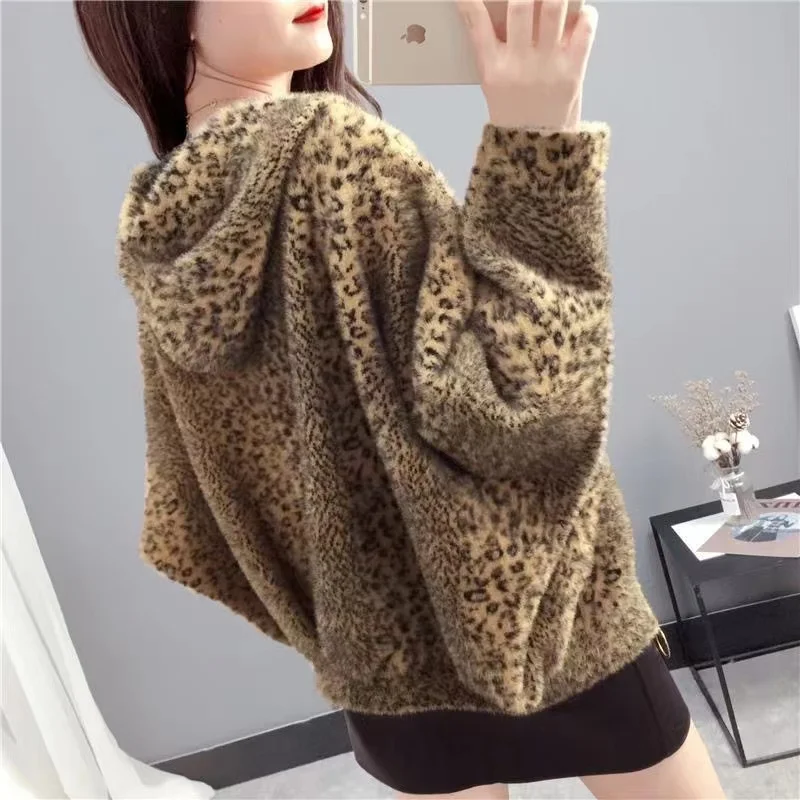 Imitation Mink Hair Autumn Winter Women\'s Coat Leopard Print Knitting Cardigan Hooded Short Loose Add Thick Female Outerwear