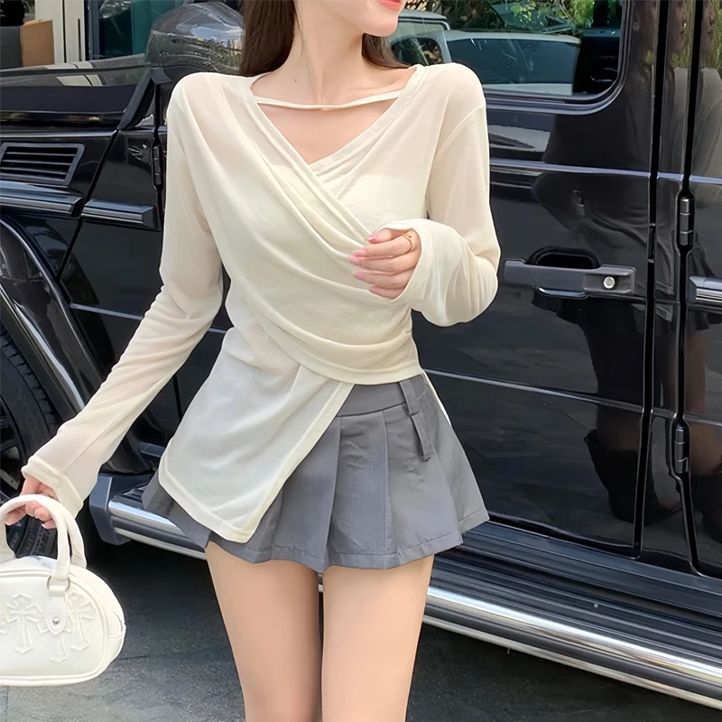 Summer New Thin Hollow Out Irregular T Shirts Long Sleeve Solid Color Pleated Sexy Tops Tees Fashion Trend Women Clothing S-XL