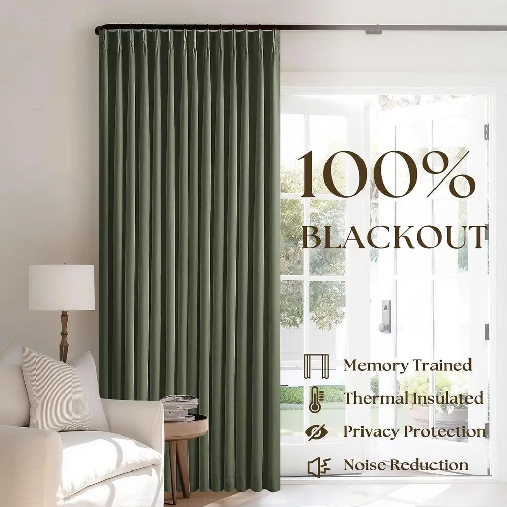 96 Double Layer Olive Green Pinch Pleat Blackout Curtains with Ring Hooks for Bedroom and Living Room