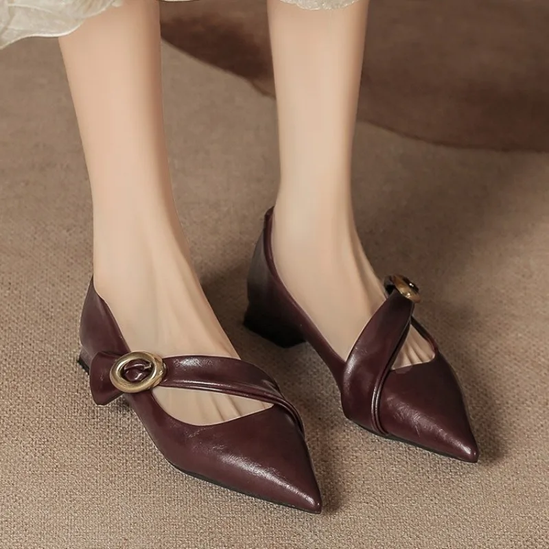 ファッションパーティードレスローヒールパンプスポインテッドトゥメリージェーンズレディースシューズ春秋女性ハイヒールバックルストラップ浅めシューズ