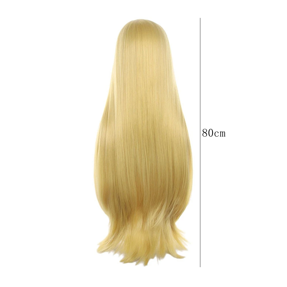 Long Golden Yellow Synthetic Cosplay Wig for Anime Characters, Straight Fluffy Style with Natural Curl Ends