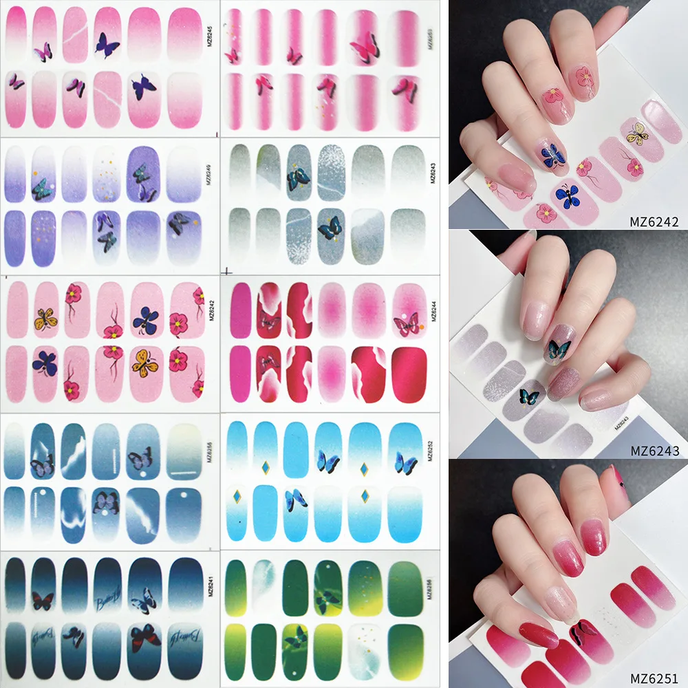 สติกเกอร์ติดเล็บแบบมีกาวในตัว 12 ชิ้น ลายดอกไม้ ผีเสื้อ ไล่สี สำหรับผู้หญิง สไตล์เรียบง่าย