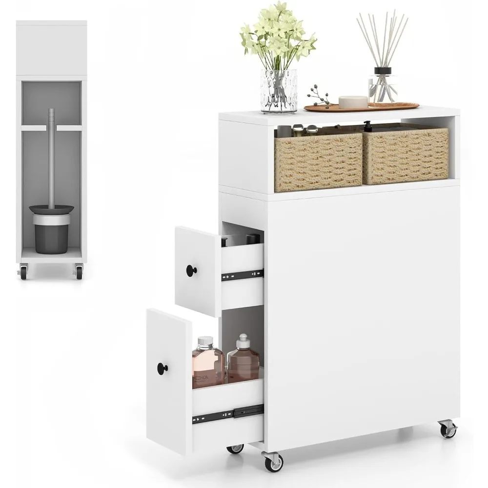 خزانة تخزين الحمام الضيقة المتدحرجة مع درجين وسلتين لمنظم جانبي