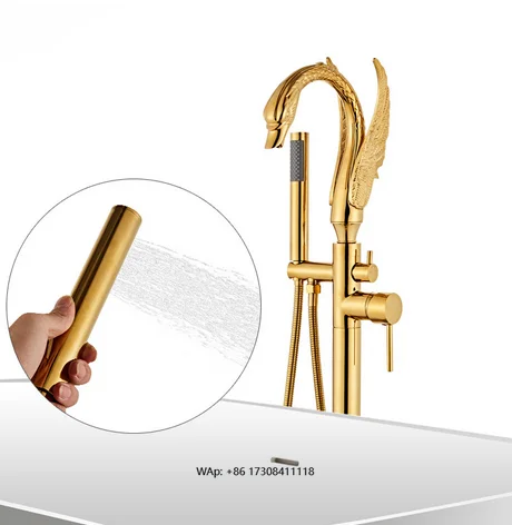 

Bath Faucet Swan Shaped Gold Floor-to-Floor Bath Dragon Freestanding Bath Faucet with Handheld Shower