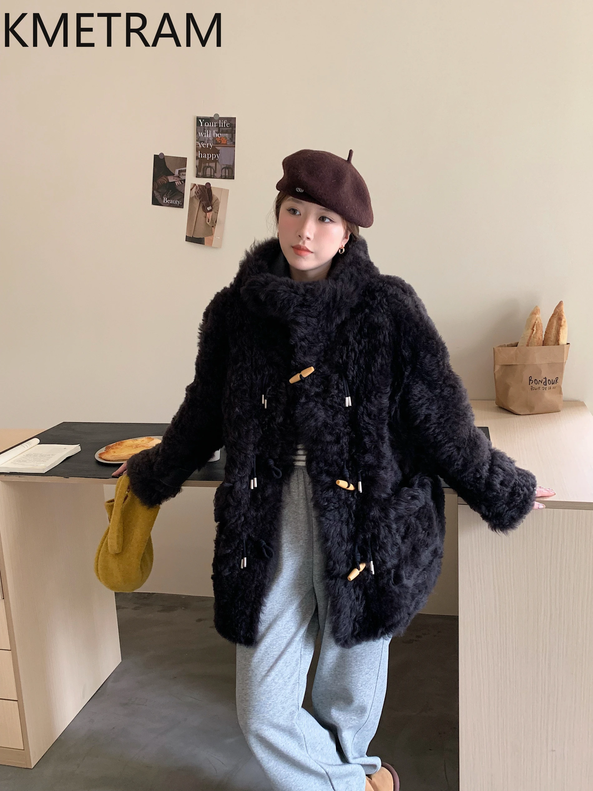 KMETRAM Naturalna Skóra Owcza z Wełną, Płaszcz Damski Średniej Długości, Kurtka z Prawdziwego Futra z Kapturem, Nowość w Kategorii Płaszczy, Zimowa Odzież Damska