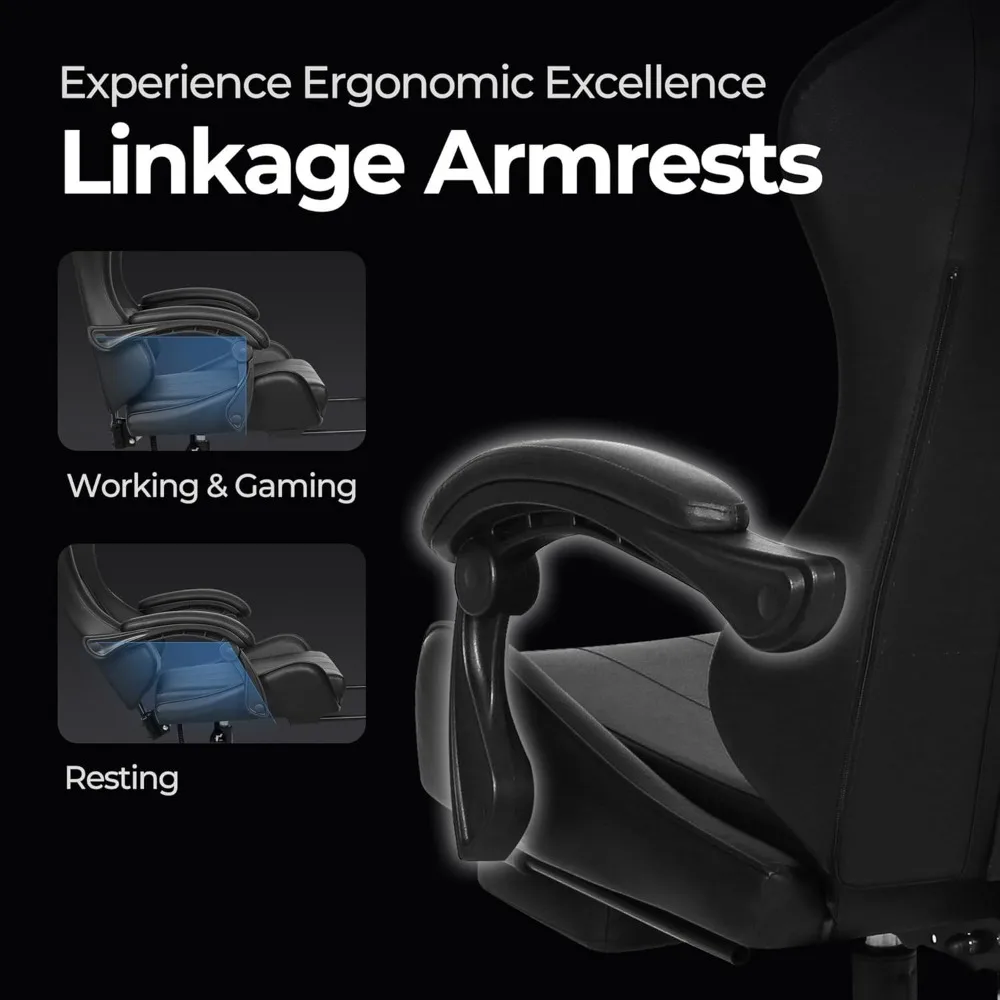 كرسي ألعاب مريح مع مسند للقدمين، ظهر مرتفع، دعم قطني، ارتفاع قابل للتعديل للاستخدام المكتبي والمنزلي باللون الأسود