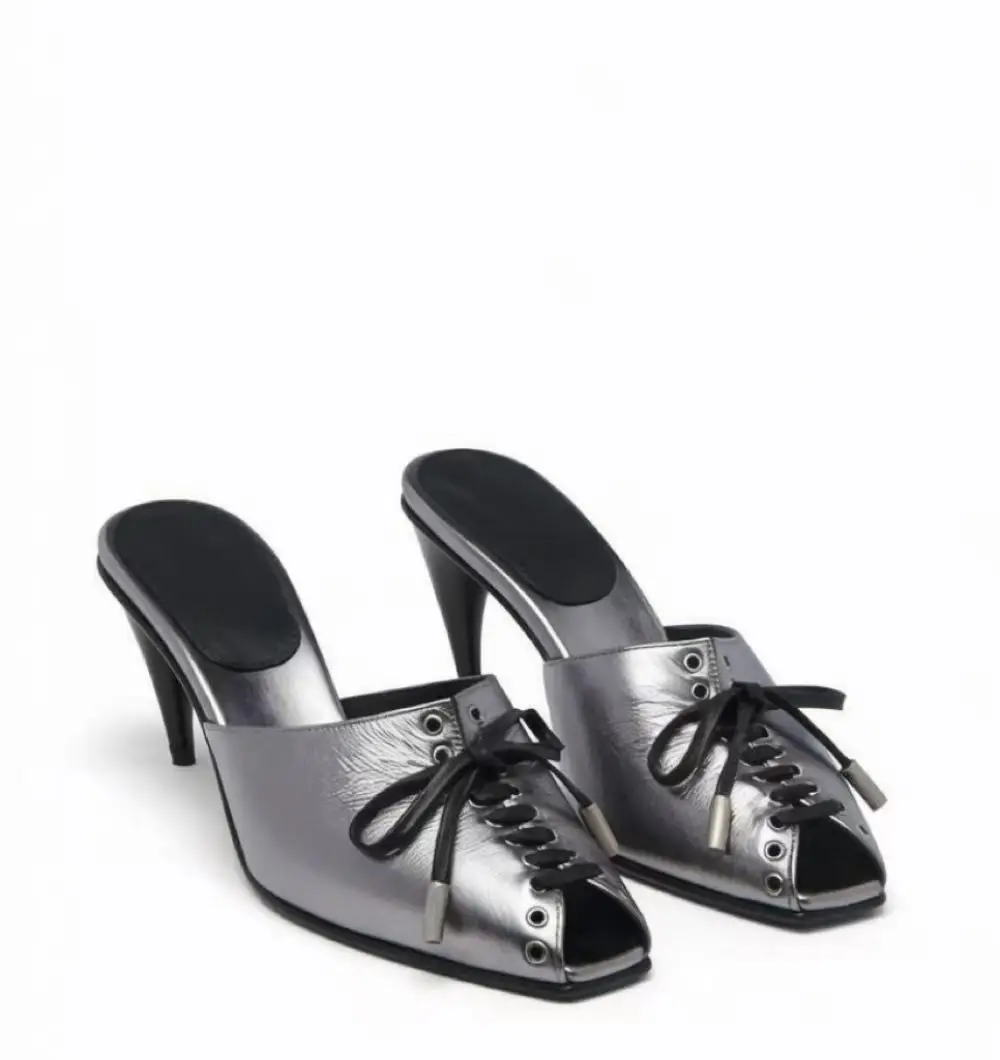 Metallic Silver Leather Peep Toe Mules High Slip‑On Stiletto Heel Sandals Black Lace‑Up Bow Detail Square Toe Design Footwear