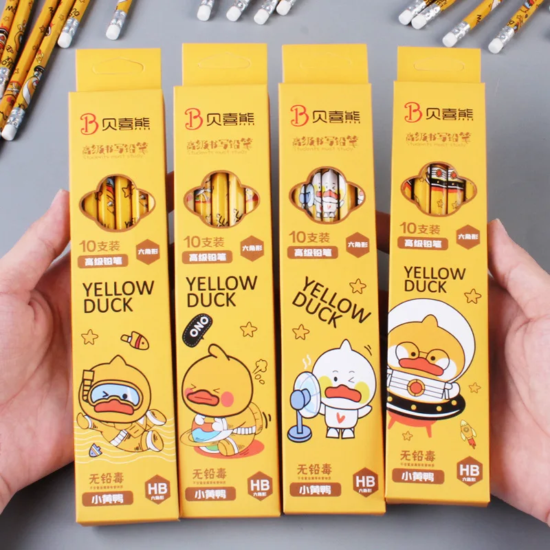 10Pcs/Set Cute Cartoon Yellow Duck HB Pencil Sketching Drawing Hexagonal Pencil Office School Suppiles Kawaii Stationery Gift