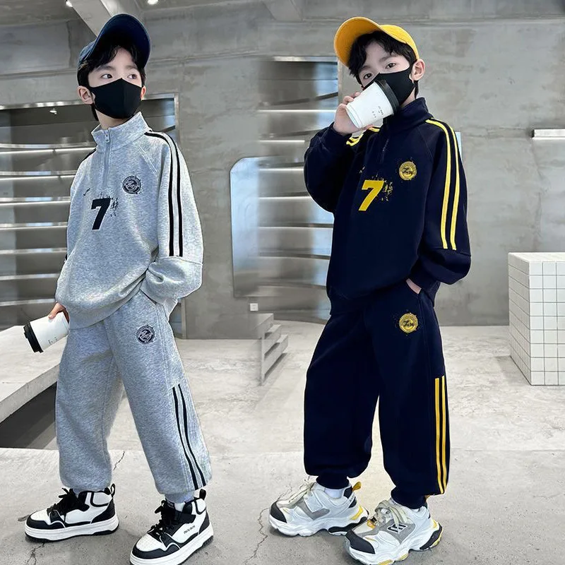 

Весенне-осенний хлопковый спортивный костюм для мальчиков: толстовка на молнии до середины груди + брюки, комплект из 2 предметов для школы, детский спортивный костюм для бега, 5-16 лет