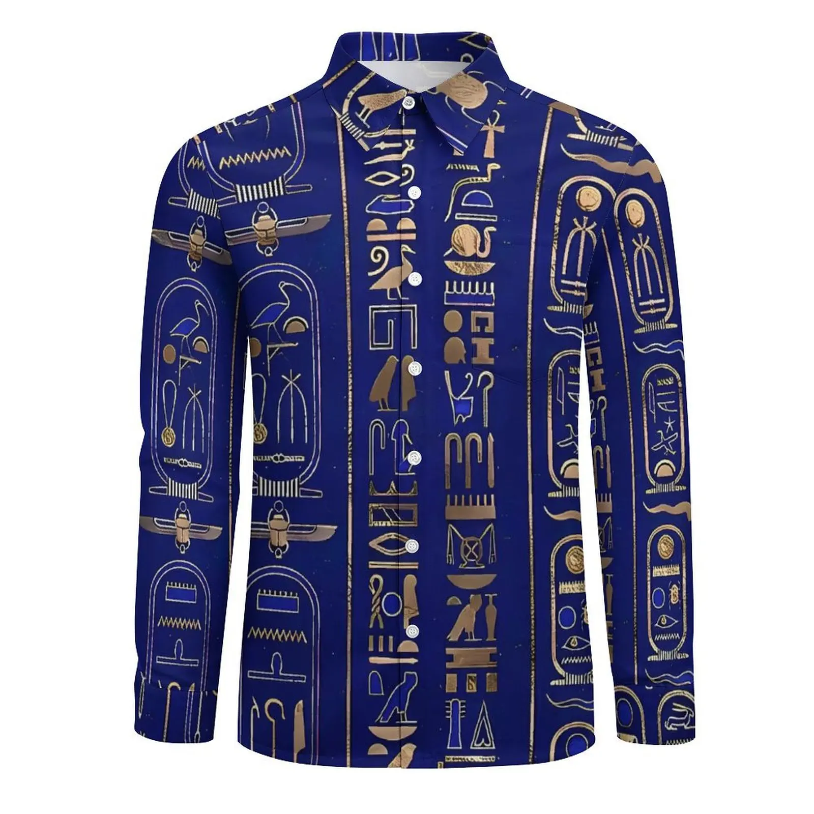 Men's Shirt Ancient Egyptian Art  Hieroglyphs Gold Casual Shirts Long Sleeve  Comfortable Blouse Spring Trendy Oversized Clothes