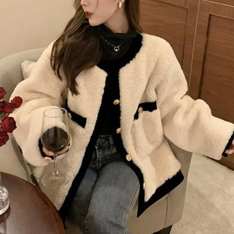 2023 Autumn and Winter New Fashion Temperament Women\'s Clothing Splice Pockets Button Round Neck Long Sleeve Solid Color Sweater