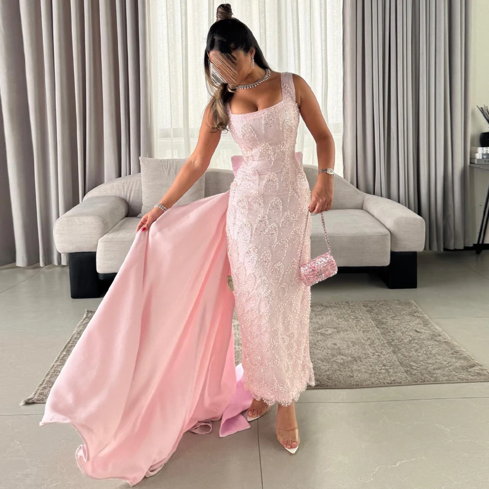 

Customized Classic Pink Satin Evening Dress Formal Square Collar Sleeveless Homecoming Dress Classic Straight Beading Prom Dress