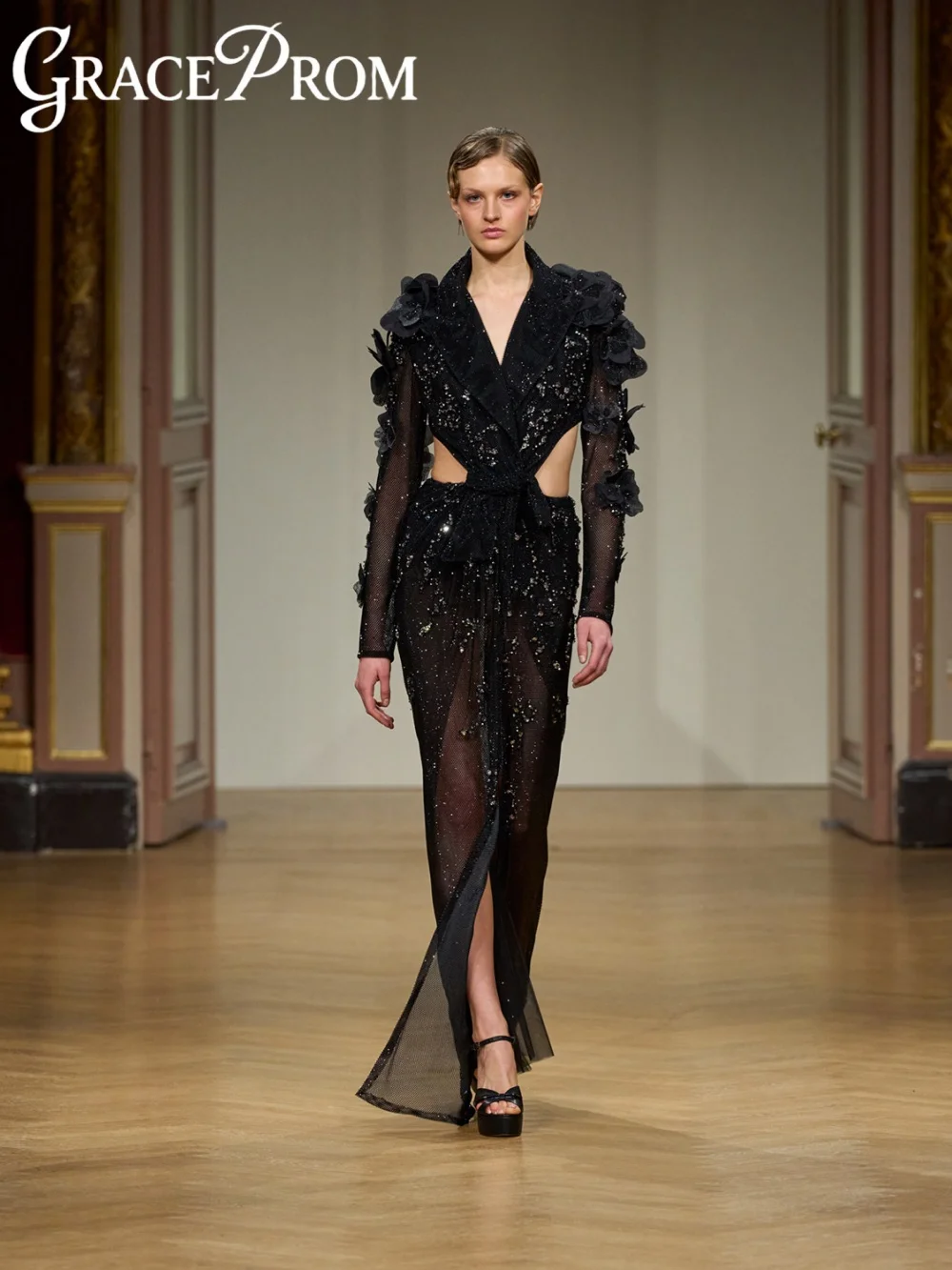 

Black Illusion Crystal Evening Dress With 3D Floral Elegant Luxury Straight Formal Party Gown Customized Sparkly Banquet Gowns