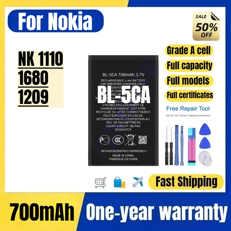 

BL-5CA for Nokia NK 1110/1680/1209 Mobile Phone Battery High Quality High Capacity Replacement Bateria Grade A Cell with Tools