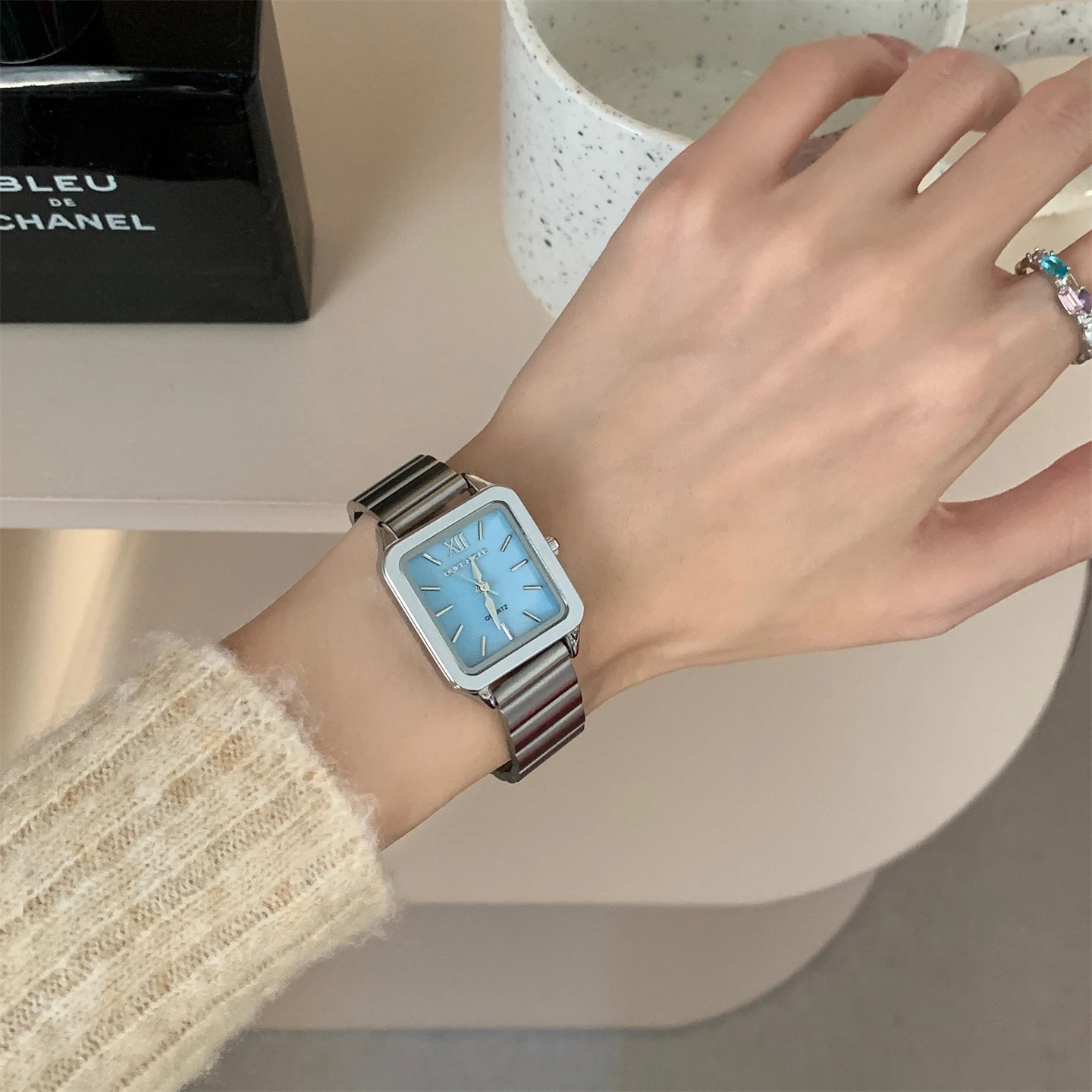 High value fashion temperament square watch women's niche design bamboo steel belt quartz watch