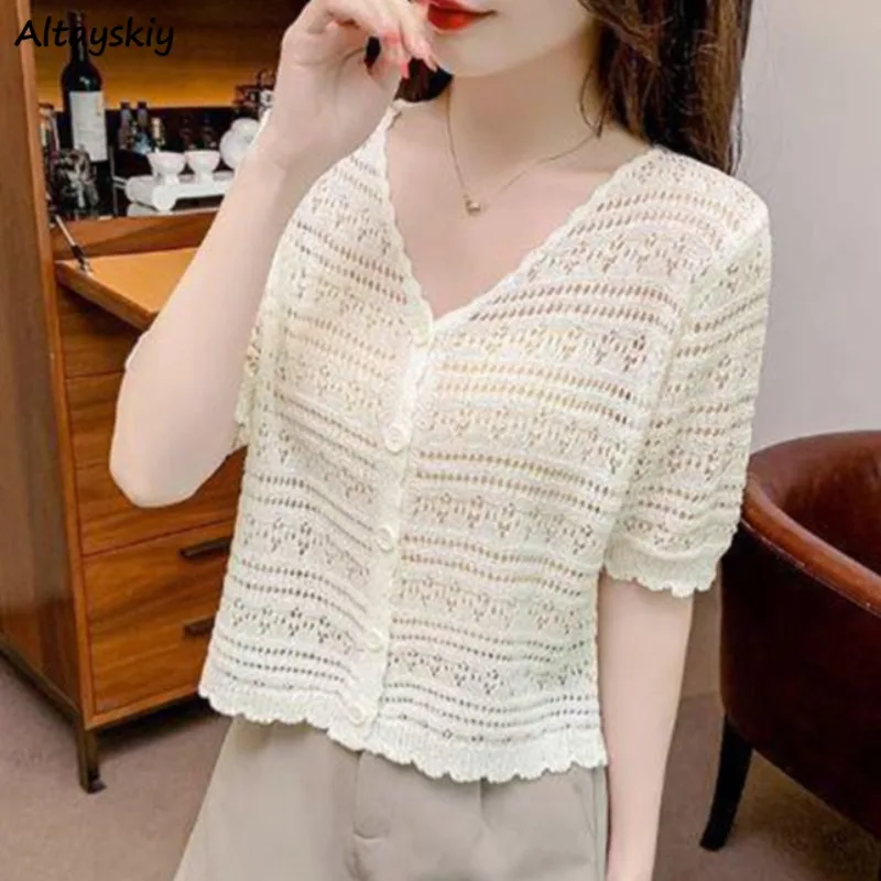 

Женский кардиган с коротким рукавом, элегантный ажурный Тонкий однобортный Кардиган с V-образным вырезом в Корейском стиле, новинка на лето