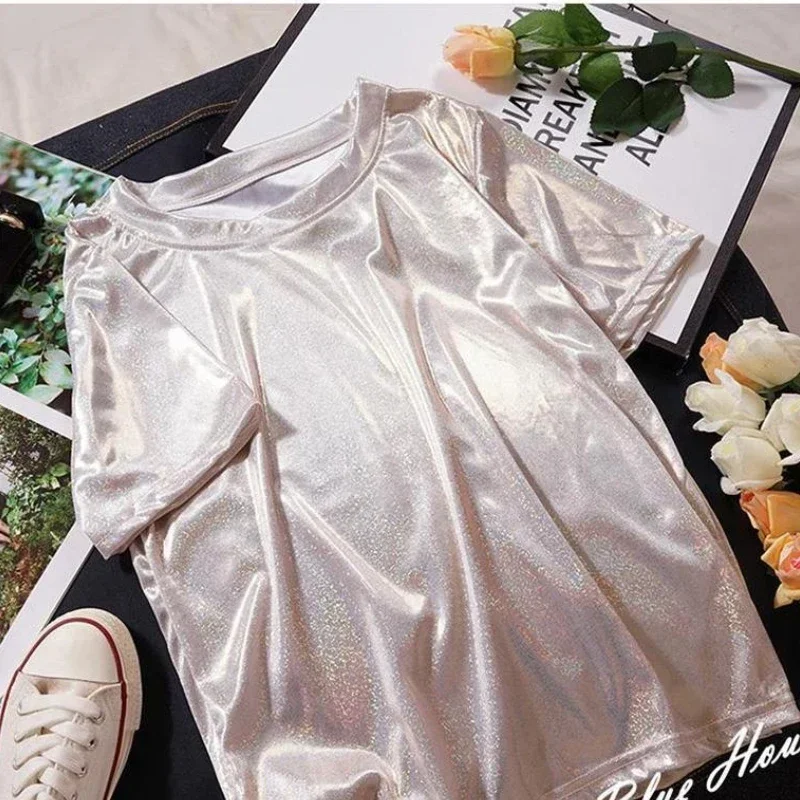 New Hot Womens Casual T-Shirt Colors Reflective Printed Short Sleeve Hip Hop T-Shirt for Women Shining Colors Tee