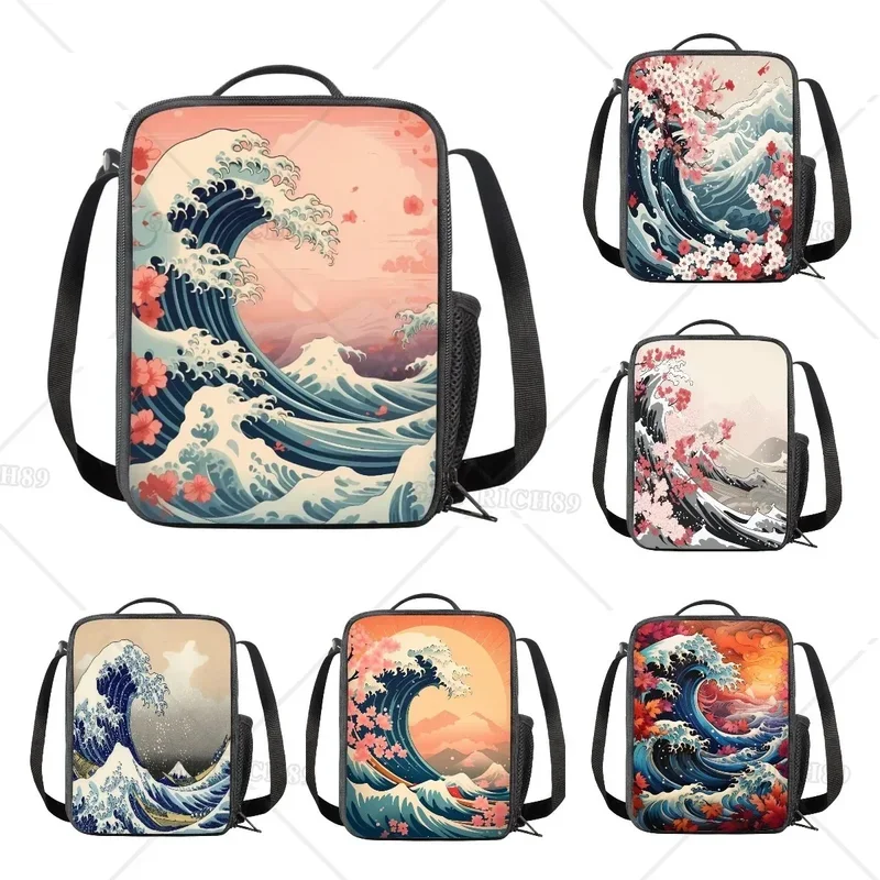 

The Great Wave Off Kanagawa вишневый цвет Сакура печатная изолированная сумка для ланча с молнией, боковой держатель для бутылки для женщин