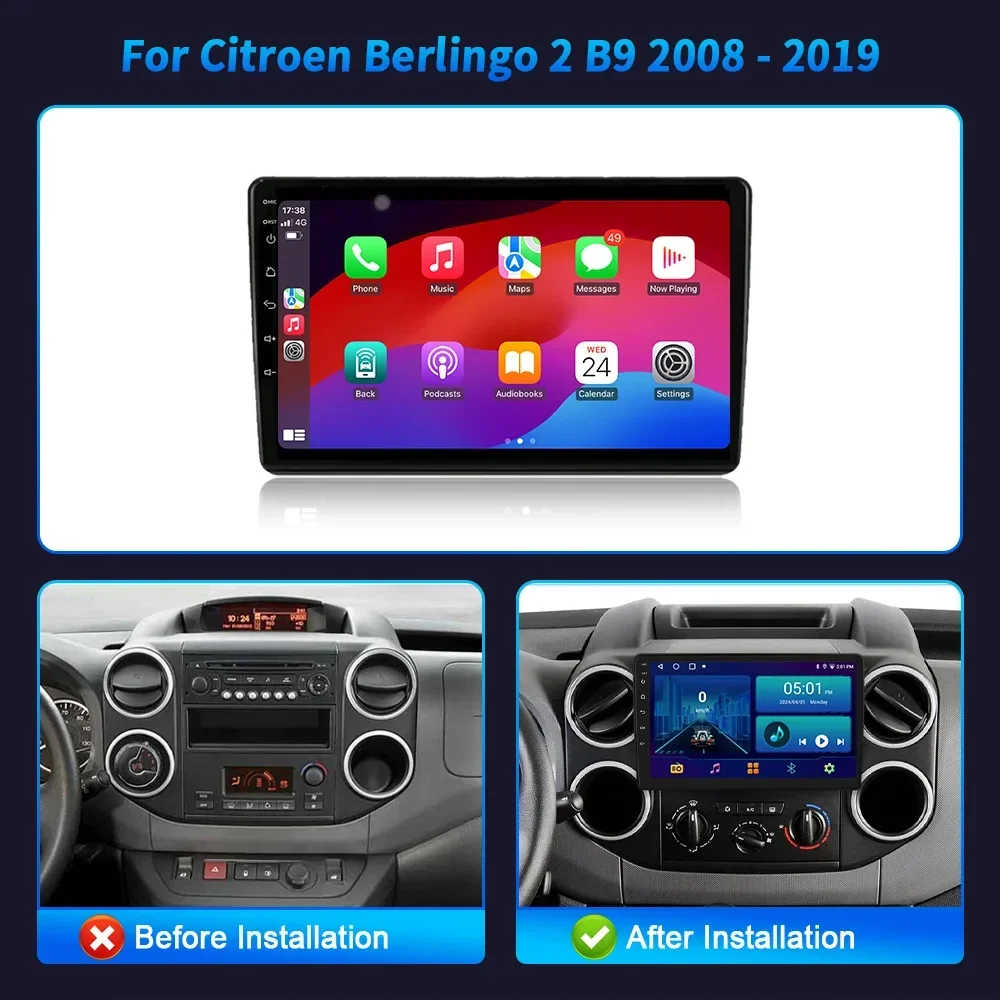 Car Radio Multimedia Navigation Android 14 WIFI Head Unit For Citroen Berlingo 2 B9 2008-2019 Wireless Carplay Stereo Screen